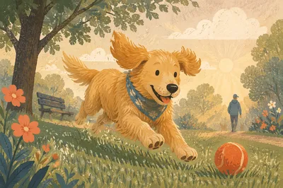 Joyful Golden Retriever Chasing Ball at Sunrise