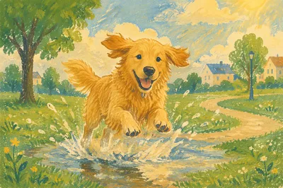 Joyful Golden Retriever Splashing in Spring Park