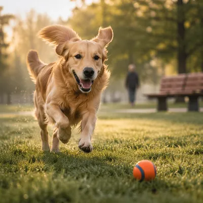 Golden Retriever Chasing Ball at Sunrise