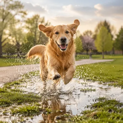 Joyful Golden Retriever Splashing Through Park