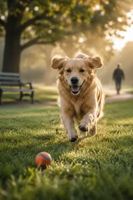 Golden Retriever Chasing Ball at Sunrise
