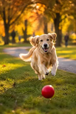 Joyful Golden Retriever Chasing Ball at Sunset