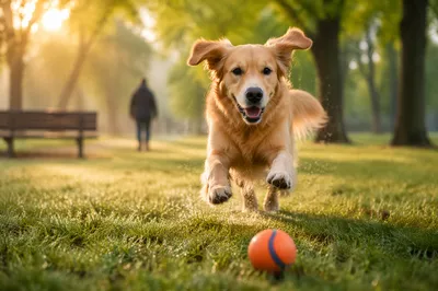 Golden Retriever Chasing Ball at Sunrise