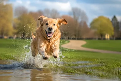 Joyful Golden Retriever Splashing in Spring Park