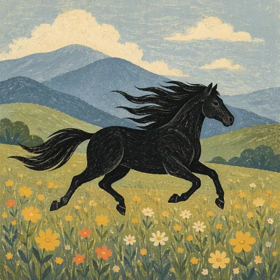 Majestic Black Horse Galloping Through Wildflower Meadow