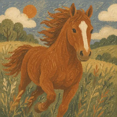 Majestic Chestnut Horse Running Through Meadow