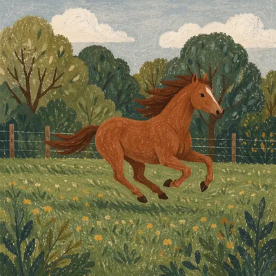 Majestic Chestnut Horse Running Through Meadow