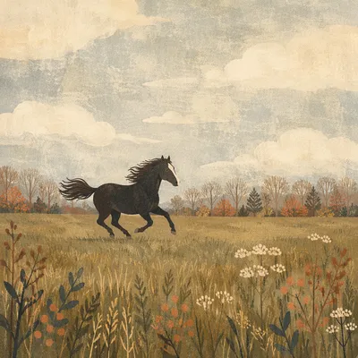 Majestic Dark Horse Running Through Meadow