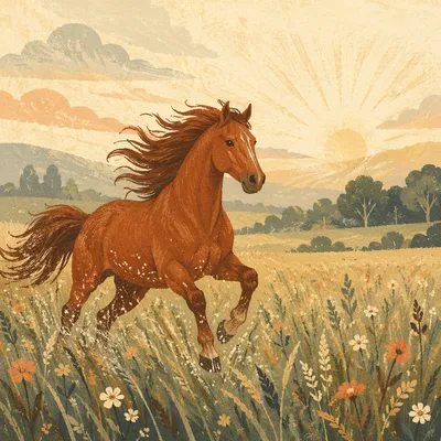 Majestic Chestnut Horse in Morning Meadow