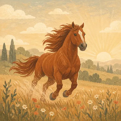 Majestic Chestnut Horse Running Through Meadow