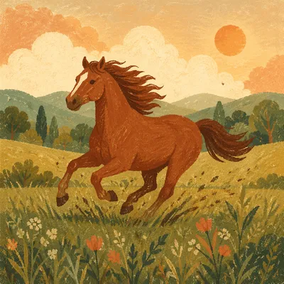 Majestic Chestnut Horse Running Through Meadow
