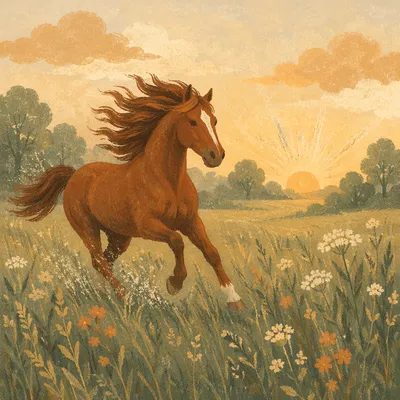 Majestic Chestnut Horse in Sunrise Meadow