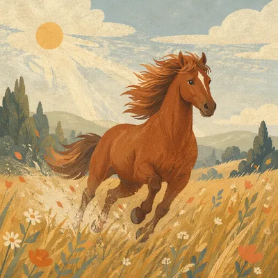 Majestic Chestnut Horse Running Through Meadow