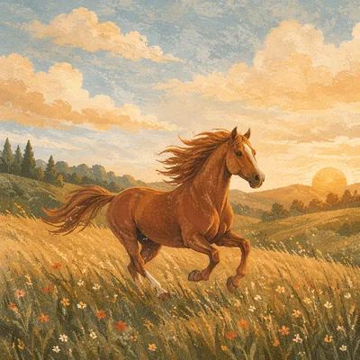 Majestic Chestnut Horse Running Through Meadow
