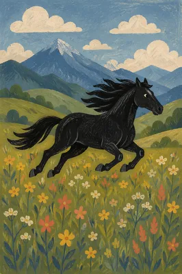 Majestic Black Horse Galloping Through Meadow
