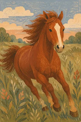 Majestic Chestnut Horse Running Through Meadow