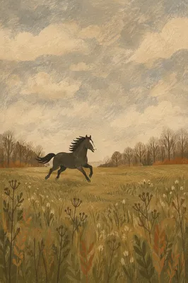 Majestic Dark Horse Running Through Meadow