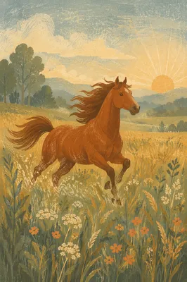 Majestic Chestnut Horse in Morning Meadow