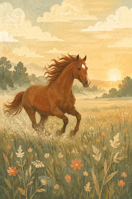 Majestic Chestnut Horse in Sunrise Meadow