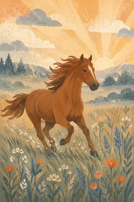 Majestic Chestnut Horse Running Through Meadow