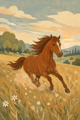 Majestic Chestnut Horse Running Through Golden Meadow