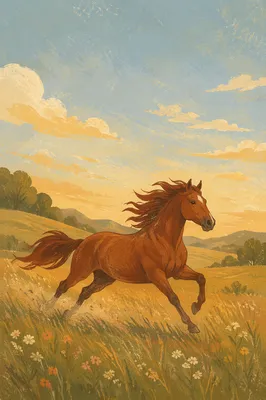 Majestic Chestnut Horse Running Through Meadow