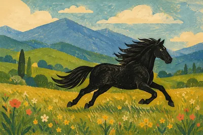 Majestic Black Horse Galloping Through Meadow