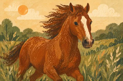 Majestic Chestnut Horse Running Through Meadow
