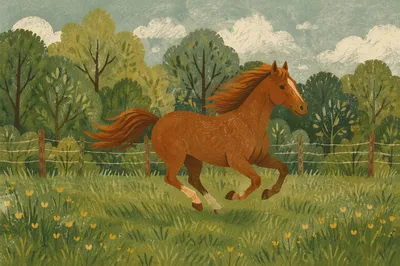 Majestic Chestnut Horse Galloping Through Spring Meadow