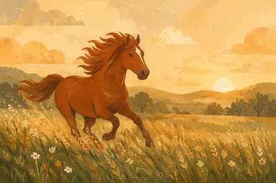 Majestic Horse Running Through Golden Meadow
