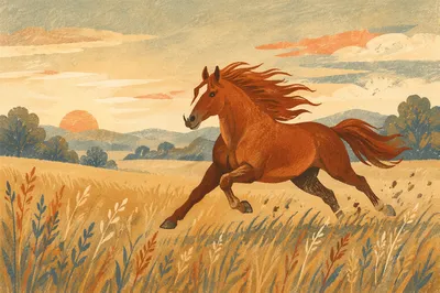 Majestic Horse Running Through Golden Meadow