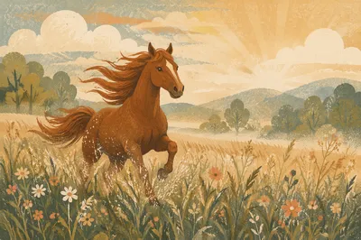 Majestic Chestnut Horse Running Through Meadow
