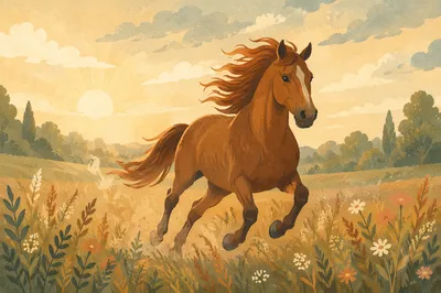 Majestic Chestnut Horse Galloping Through Meadow