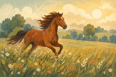 Majestic Chestnut Horse Running Through Meadow