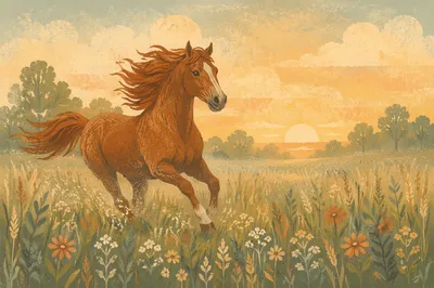 Majestic Chestnut Horse Running Through Meadow