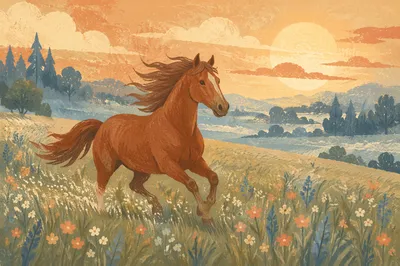 Majestic Chestnut Horse in Sunrise Meadow