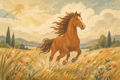 Majestic Chestnut Horse Running Through Meadow