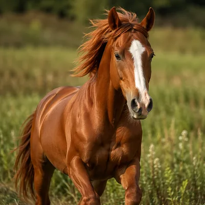 Majestic Chestnut Horse Running in Meadow