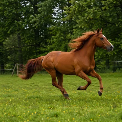 Majestic Chestnut Horse Running Through Meadow