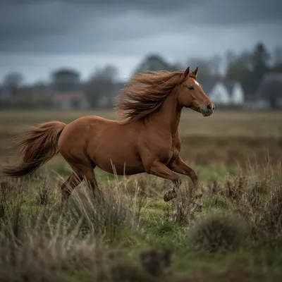 Majestic Chestnut Horse Running Through Pasture