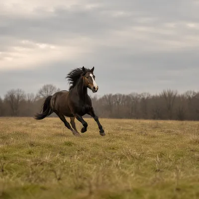 Majestic Dark Horse Running Across Meadow