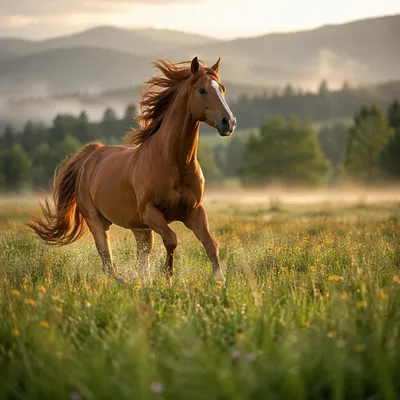 Majestic Chestnut Horse Running Through Meadow