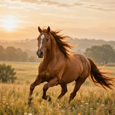 Majestic Chestnut Horse Galloping Through Meadow