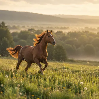 Majestic Chestnut Horse Running Through Spring Meadow