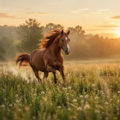 Majestic Chestnut Horse Running Through Meadow