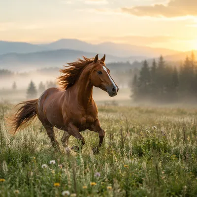 Majestic Chestnut Horse Running Through Meadow