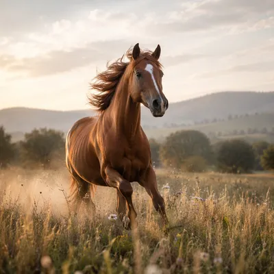 Majestic Horse Running Through Golden Meadow