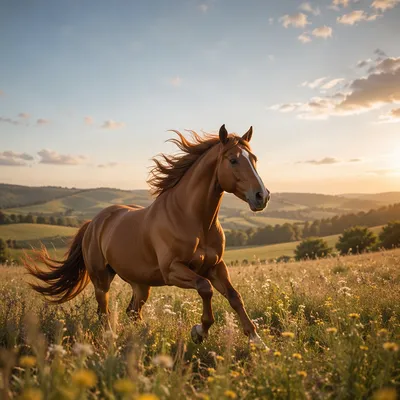 Majestic Chestnut Horse Running Through Meadow
