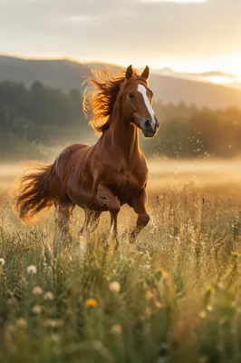 Majestic Chestnut Horse Running Through Meadow
