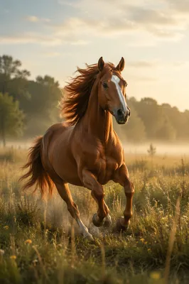 Majestic Chestnut Horse Running Through Meadow